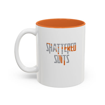 Shattered Suits Orange Accent Mug — Bold Typographic Coffee Cup (11oz/15oz)