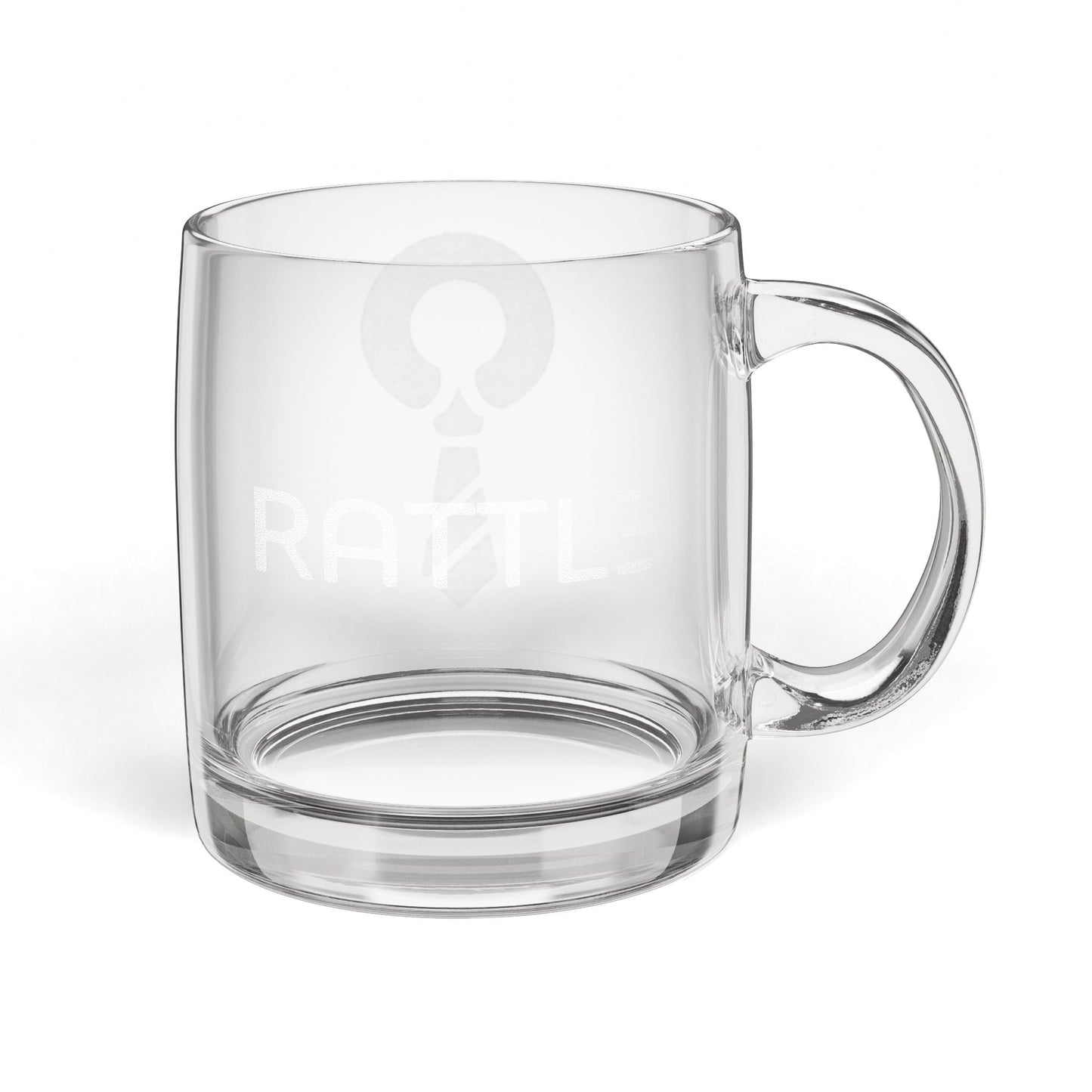RATTL3 Engraved Glass Coffee Mug — 12.25oz Clear Cup, Subtle Etched Design