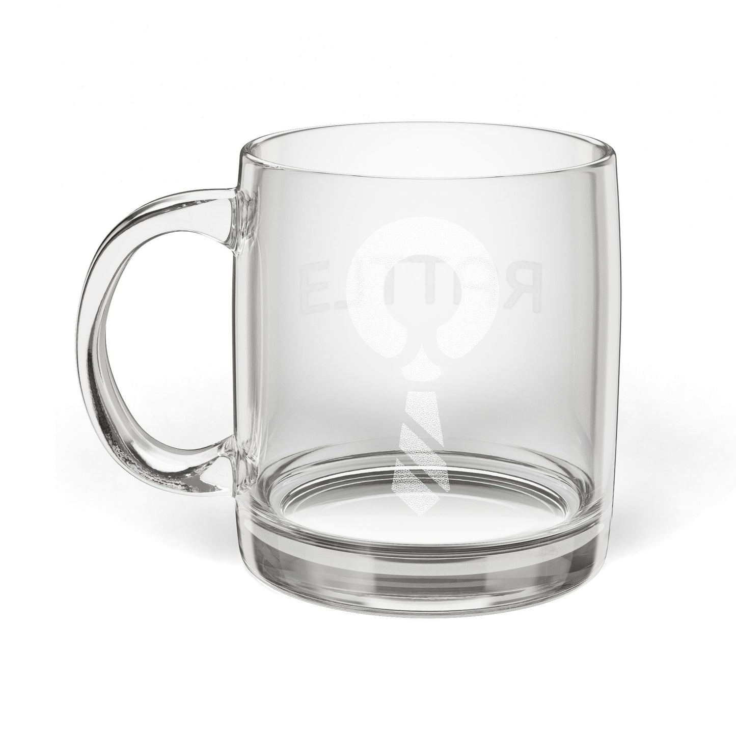 RATTL3 Engraved Glass Coffee Mug — 12.25oz Clear Cup, Subtle Etched Design